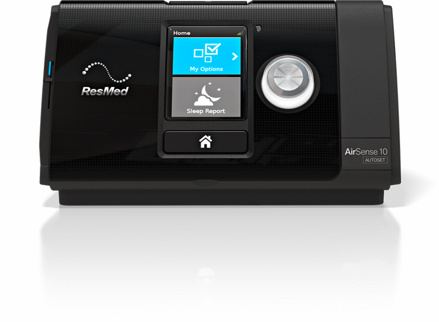 Aparat CPAP ResMed AirSense 10 z ekranem wyświetlającym opcje i raport snu.
