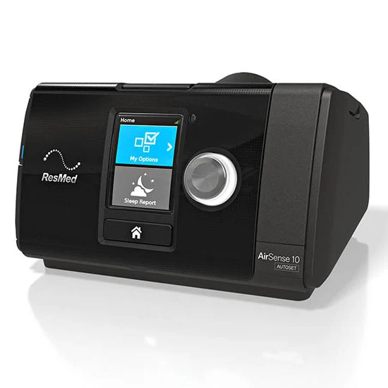 airsense-10-cpap-with-side-cover Aparat CPAP ResMed AirSense 10 z wyświetlaczem i pokrętłem do terapii bezdechu sennego.