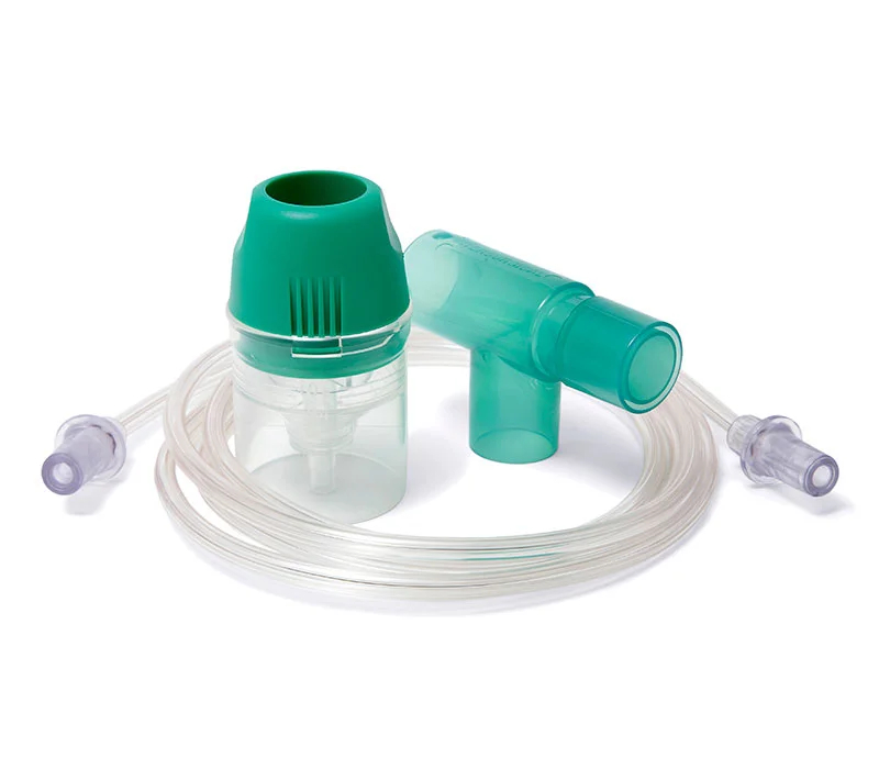 Nebulizator z rurką do inhalacji, używany do podawania leków wziewnych.