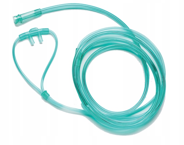 Zielona kaniula nosowa do podawania tlenu, ułożona w spiralę na białym tle.