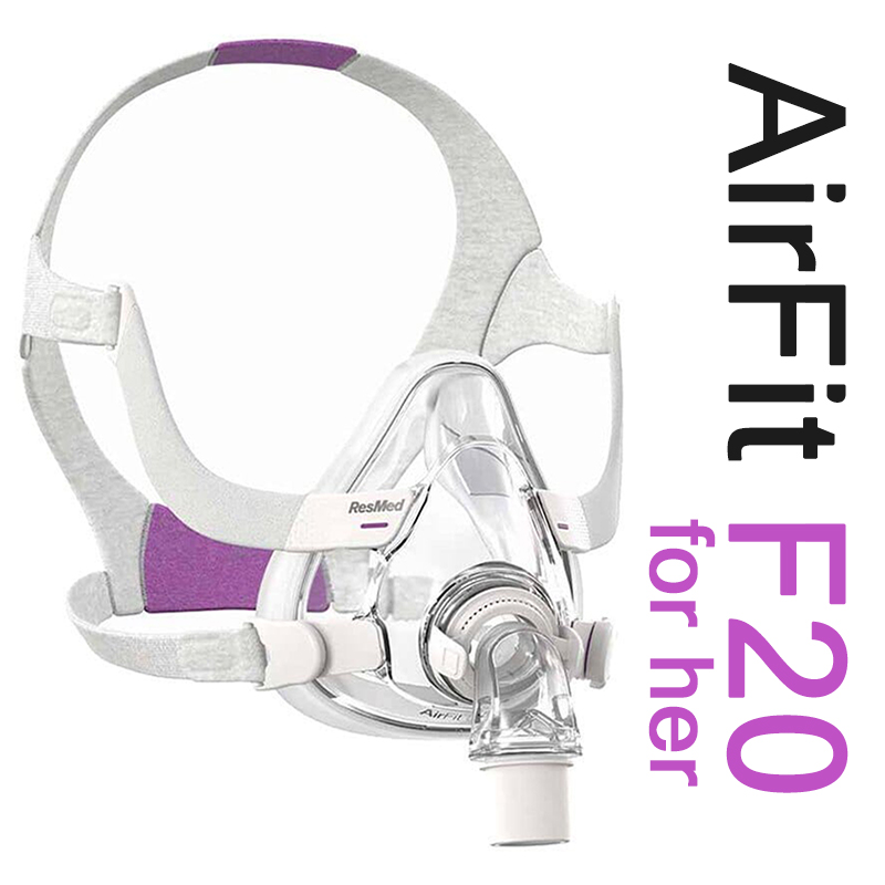 Maska CPAP AirFit F20 for Her firmy ResMed z fioletowymi akcentami na białym tle.